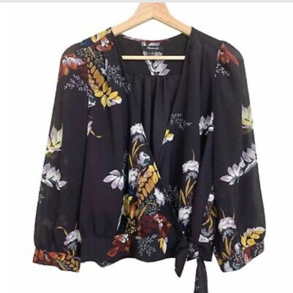 Madewell Blooming Oasis Floral Wrap Top Size M Eggplant Purple Tie 3/4 Sleeve